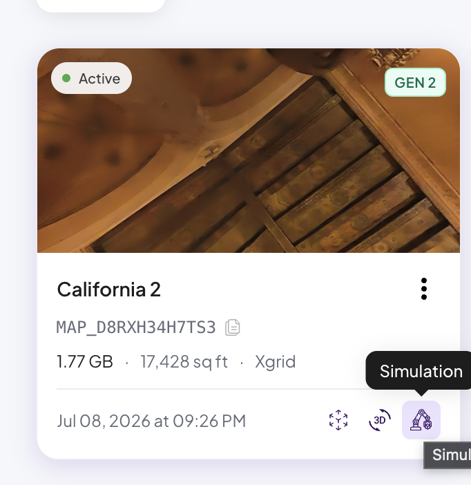 A map card in the Developer Portal with the Simulation action highlighted