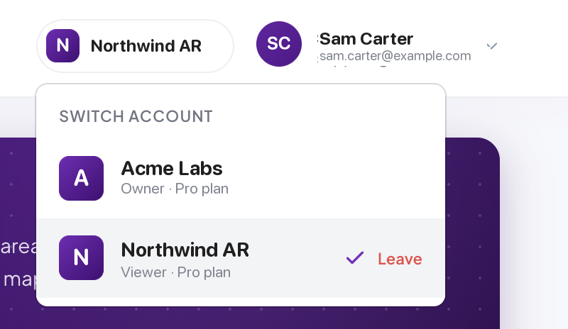 Account switcher listing accounts and roles