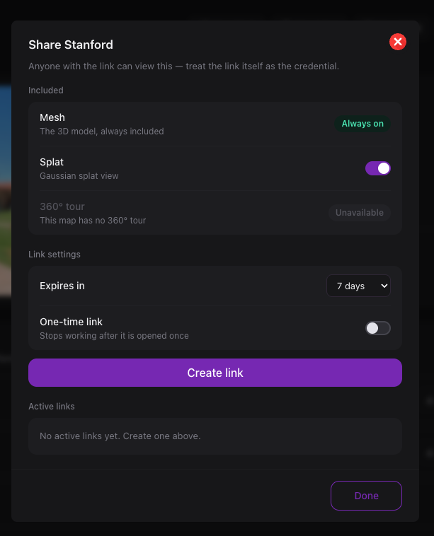 The share dialog, showing included assets, link settings, and active links