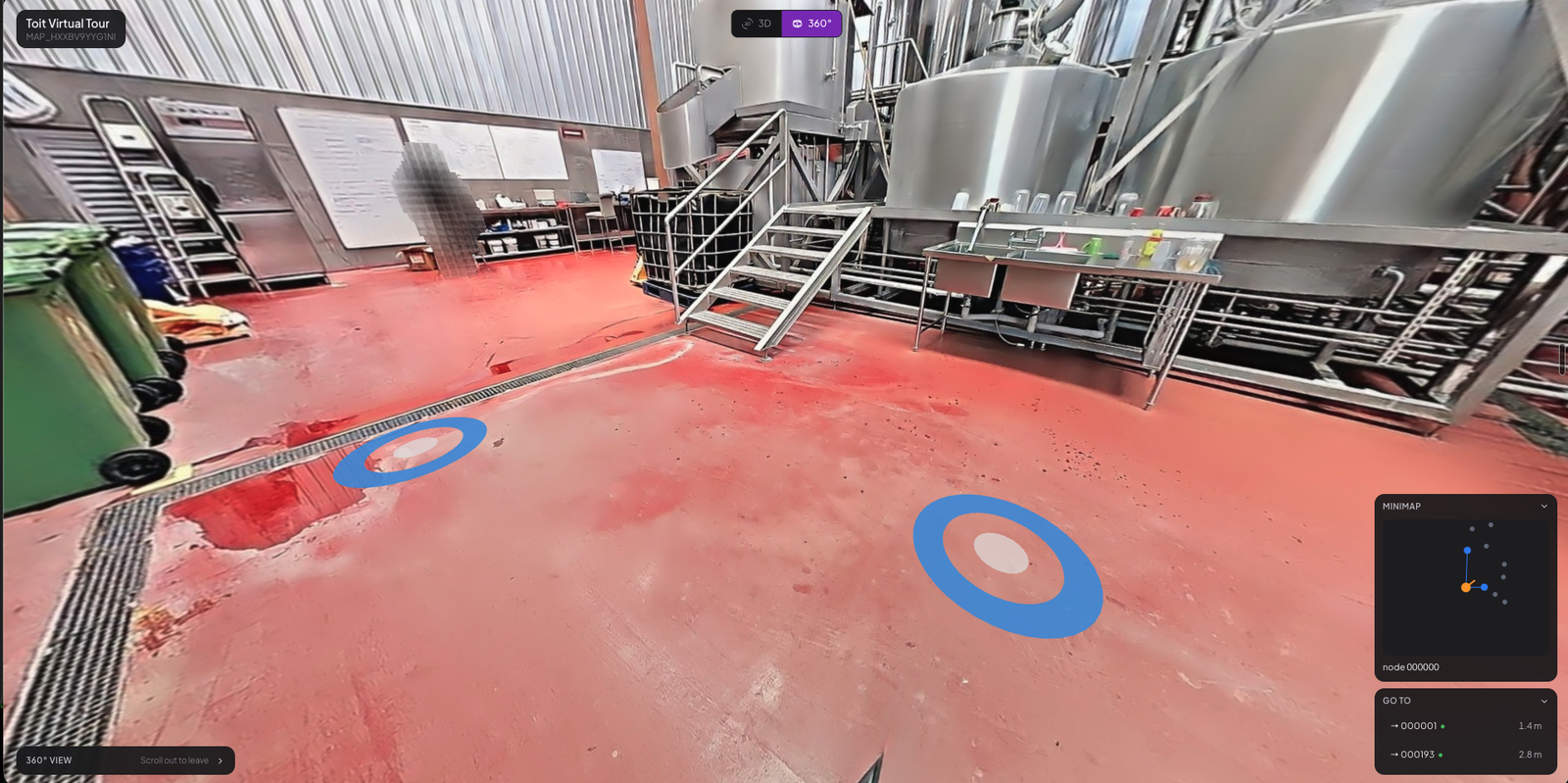 The share viewer in 360 mode, showing capture point rings, a minimap, and a Go to list