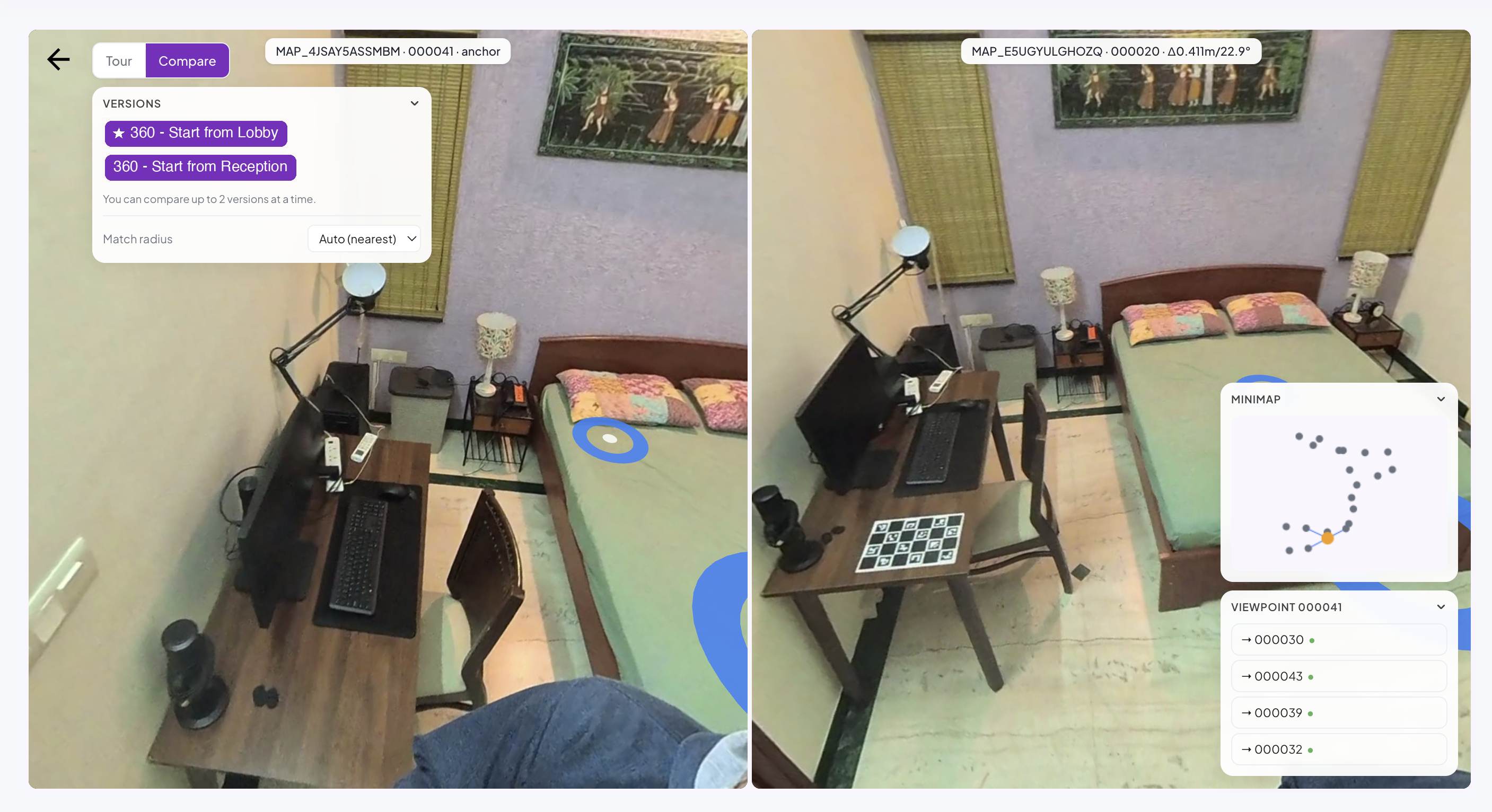 Compare mode showing the same viewpoint across two map versions side by side