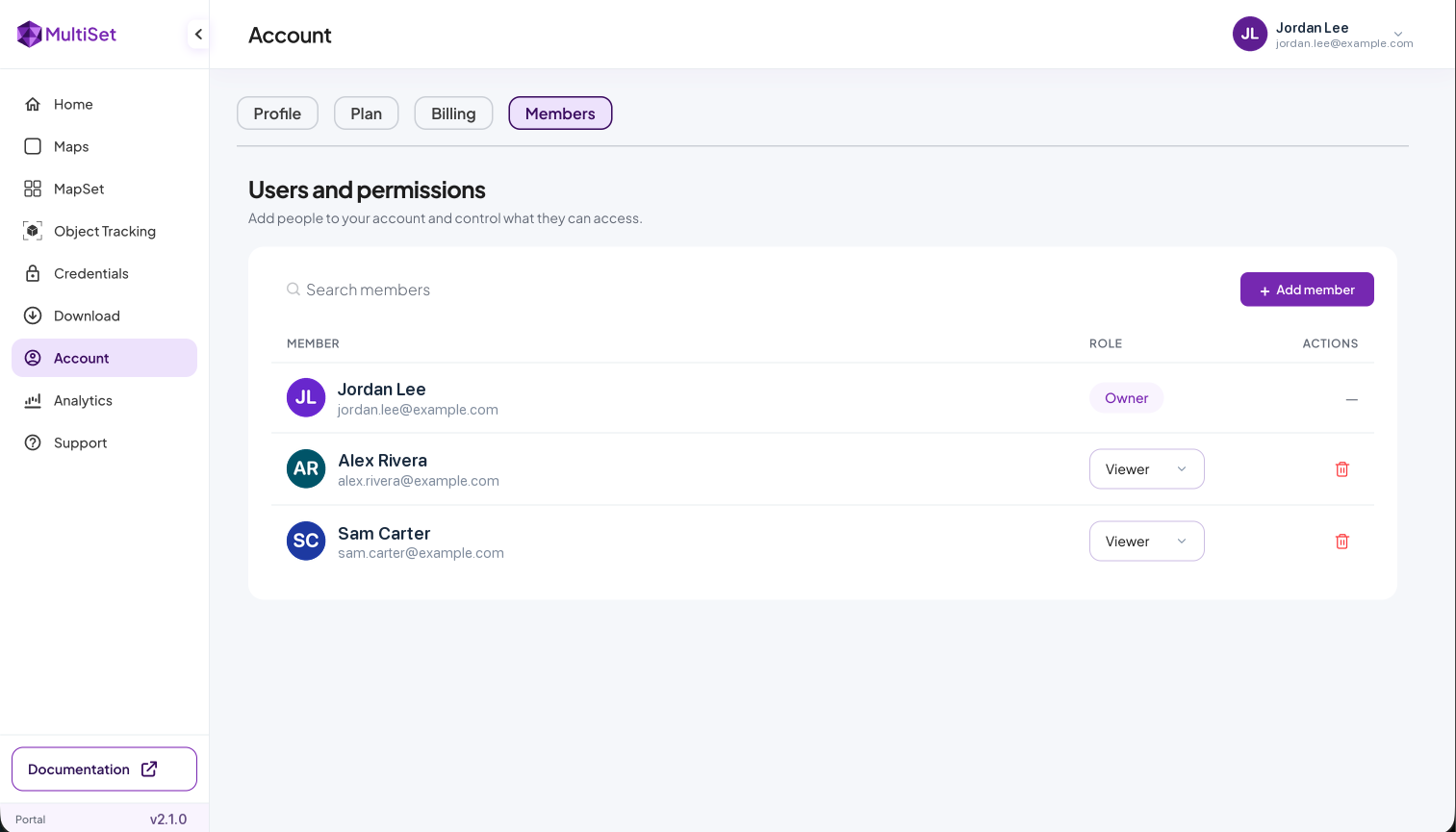 Users and permissions in the Account Members tab
