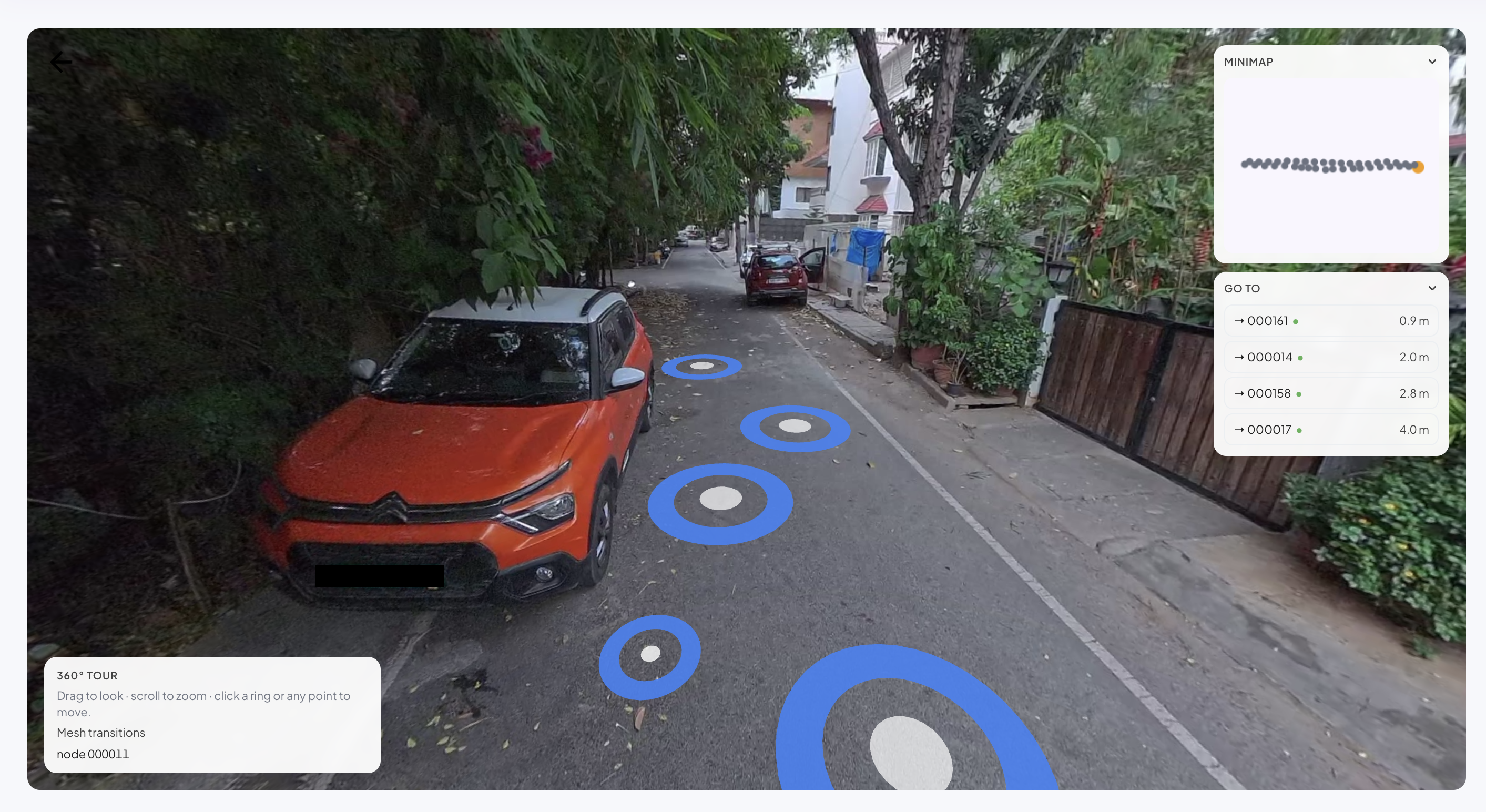 360 tour viewer showing a panorama with navigation rings and a minimap
