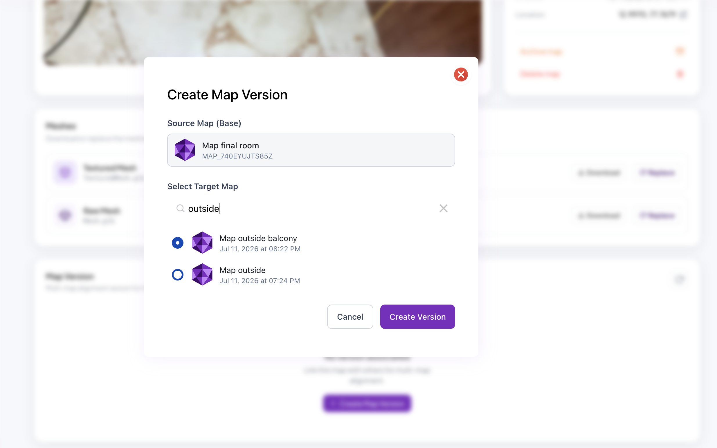 Create Map Version dialog with a base map and a searchable target map list