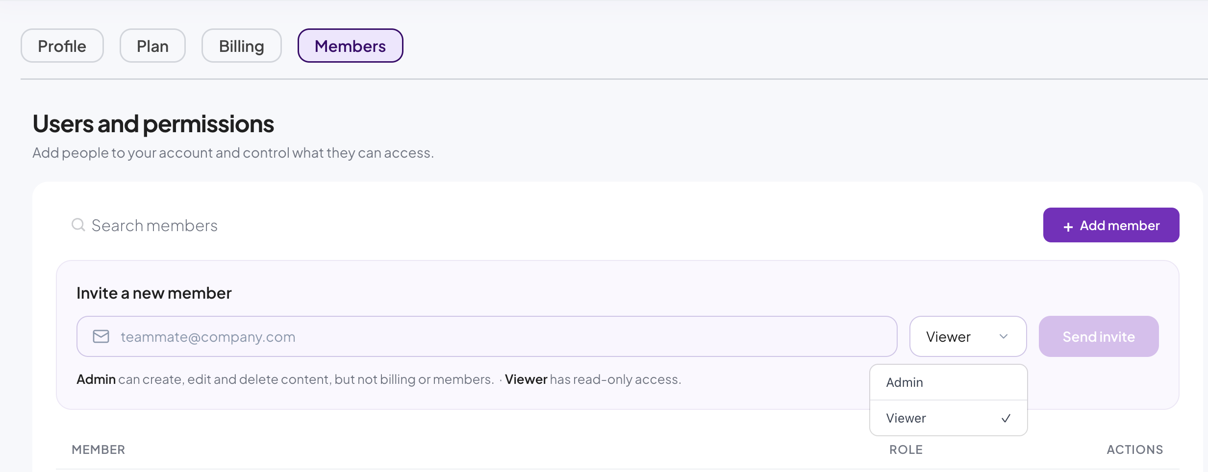 Inviting a new member by email and choosing a role