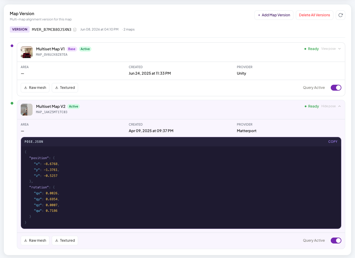 Map Version panel in the Developer Portal showing base and version maps, each with a Query Active toggle