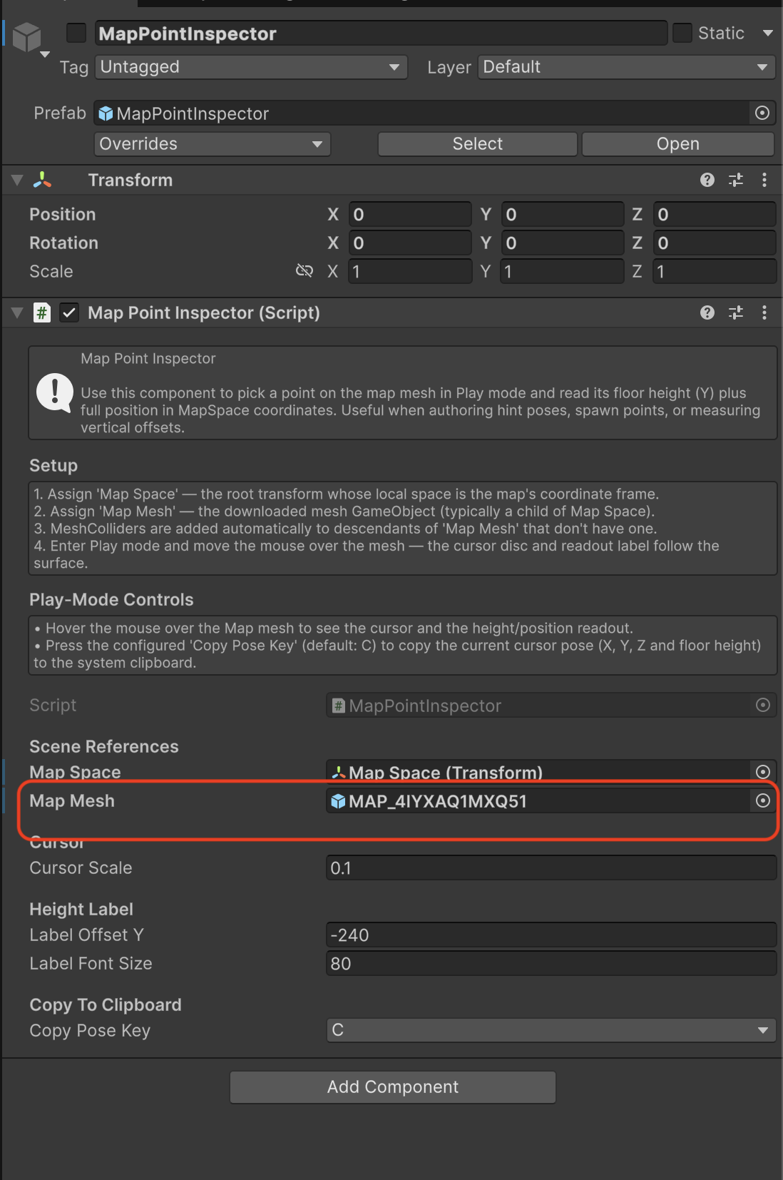 Unity Inspector showing the MapPointInspector component with the Map Mesh field highlighted