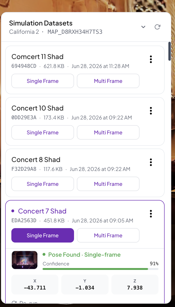 Simulation Datasets panel listing captured datasets with Single Frame and Multi Frame options