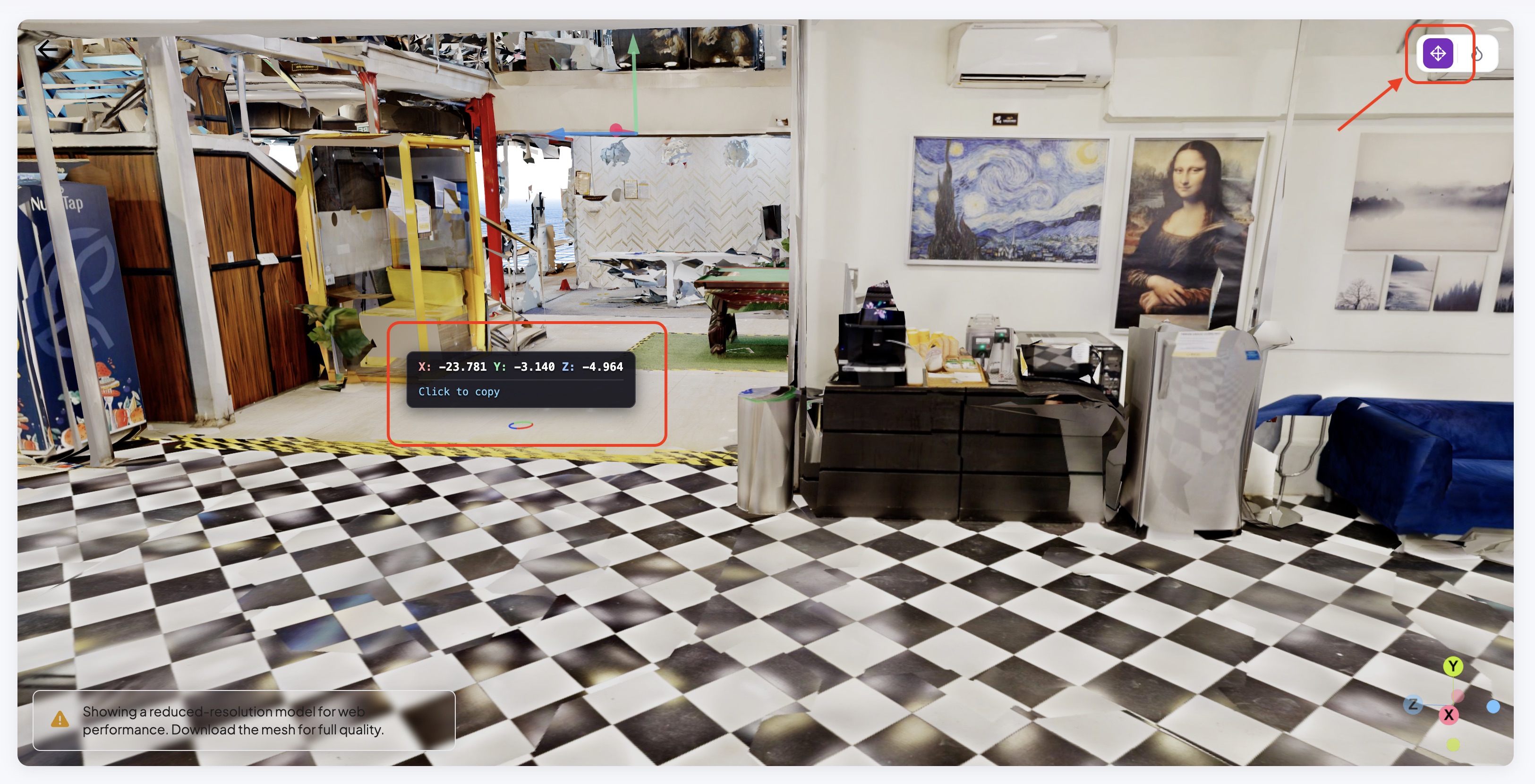 MultiSet web portal 3D viewer showing the Hint Cursor button and the live X/Y/Z position with a Click to copy label